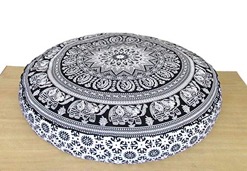 ICC Large Hippie Mandala Round Floor Pillow Cover Ottoman Pouf Cover Daybed Oversized Cotton Cushion Cover with Heavy Duty Zipper Seating Ottoman Poufs Dog-Pets Bed Black & White Flower 35" Round - color: Black & White Flower, size: 35" x 35" (Pack of 1)