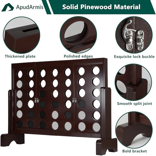 ApudArmis Wooden 4 in a Row Game, Classic Wooden 4-to-Score Game Set with Coins & Carrying Bag-Indoor Outdoor Games for Adults Family
