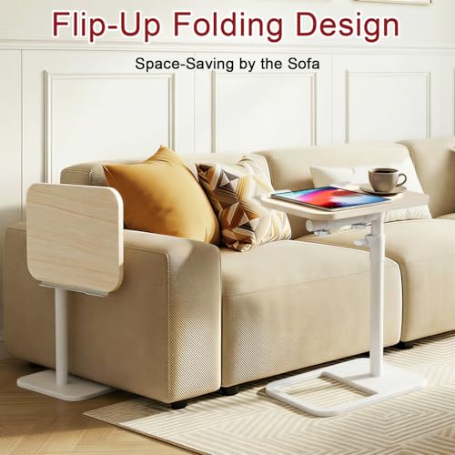 GOYLSER TV Tray Table for Couch, Height Adjustable/360° Swivel/180° Flip-Over Panel Design C-Shaped End Table, Sofa End Side Table with Phone & Tablet Slot for Eating, Laptop, Couch (Natural) - color: Natural, style: Tilt C Table
