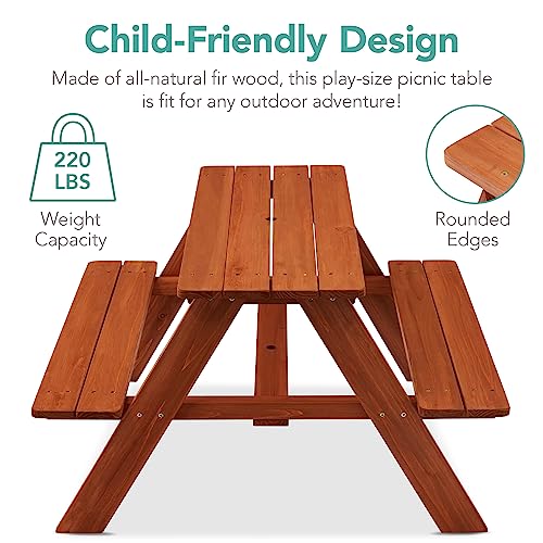 Best Choice Products Wooden Kids Picnic Table with Umbrella, Outdoor Activity Table Set with Built-in Benches, 220 lb Capacity per Bench - Golden Brown/Navy - color: Golden Brown/Navy