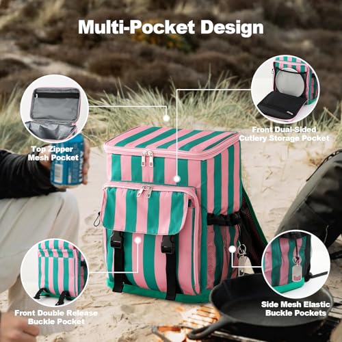 DYSHAYEN Cooler Backpack,Lightweight Backpack Cooler Insulated Leak Proof,30 Cans Soft Cooler Bag for Beach,Camping,Beach,Picnic,Lunch - color: Green and Pink Stripe
