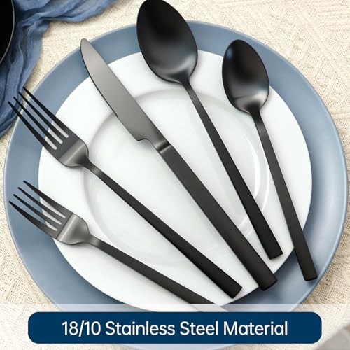Silverware Set 40-Piece Hand Forged 18/10 Stainless Steel Black Cutlery, Matte Polished Cuboid Handle Flatware Sets, Service for 8 - color: Matte Black