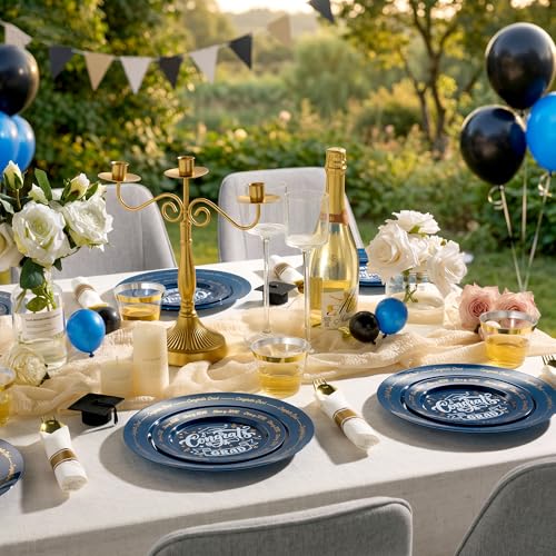 Goodluck 350 Piece Graduation Navy Blue Plastic Dinnerware Set for 50 Guests, Congrats Grad Disposable Plates Include: 50 Dinner Plates, 50 Dessert Plates, 50 Cups, 50 Rolled Napkins with Silverware - color: Navy Blue, style: 350 Piece (50 guests)