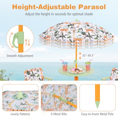Costzon Kids Picnic Table, Kids Outdoor Table with 2 Folding Chairs, Height Adjustable Umbrella, Portable Children Outdoor Furniture for Patio, Garden, Backyard (Yellow Forest) - color: Yellow Forest