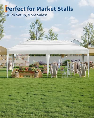 GarveeLife 10x20 Pop Up Canopy with 6 Sidewalls, Beach Ten with One Push Setup, Heavy Duty Outdoor Instant Canopy Tent with Portable Roller Bag, Silver Coated Top, 3 Adjustable Height, Sandbags,White - color: White, size: 6 Sidewalls