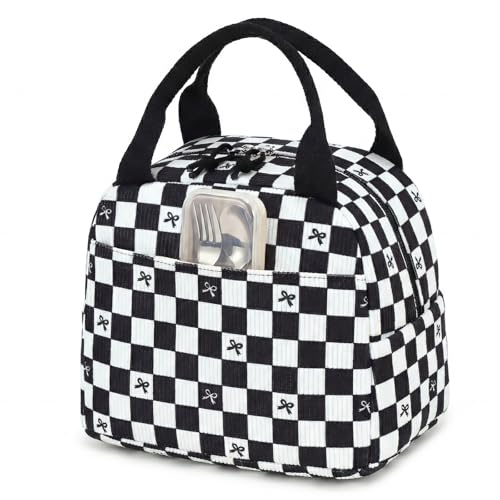 LEDAOU Lunch Box for Women Insulated Lunch Bag Corduroy Lunch Tote Bags Leakproof Cooler Lunch Case for Travel Work Picnic (Black Checkered Bow) - color: Black Checkered Bow