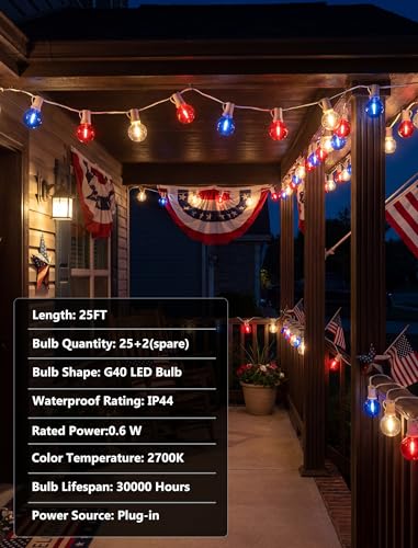4th of July G40 LED Red White and Blue Lights, 25ft Outdoor String lights, Hanging Patio Lights with 27 Shatterproof Round Bulbs, Independence Day Decoration Warm White for Patriotic Party Garden - color: Red White Blue, size: 25Ft