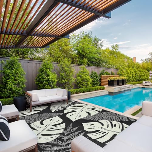 Waterproof Outdoor Patio Rug 8x10 ft, Reversible Plastic Straw Area Rug, Camping Rug Carpet, Portable Outdoor Area Rug, for RV, Camper, Deck, Balcony, Porch, Beach, Picnic - Black and Rice - color: Black & Beige, size: 10' x 8' (Rectangular)