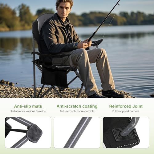 LET'S CAMP Oversized Outdoor Folding Camping Chair, 2 Pack Heavy Duty Arm Chairs with Cup Holder and Storage Bag, 350 LBS Weight Capacity, Grey - color: Black Grey, size: 2 Packs