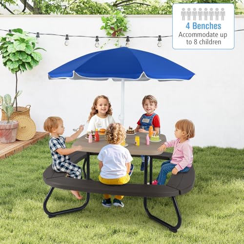 HONEY JOY Kids Picnic Table, 8 Person Toddler Outdoor Table and Chair Set, 4 Built-in Benches, Removable Umbrella, Metal Frame & HDPE Top, Children Outdoor Furniture for Backyard Patio Garden (Coffee) - color: Coffee