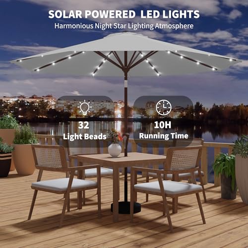 Kingdura 9FT Outdoor Patio Umbrella with Solar Lights, Market Table Umbrella with Push Button Tilt & Crank, 8 Sturdy Ribs, 32 LED Lights, UV Protection for Garden Lawn Deck Backyard Pool (Light grey) - color: Light grey-LED, size: 9 Ft