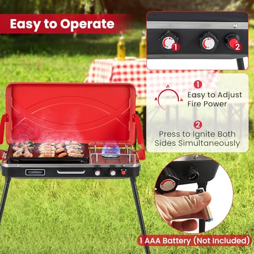 HAPPYGRILL Portable Camping Stove, 2-Burner Propane Grill Cooker with Removable Leg Stand, Roast Grill, Dual Control Knobs, Wind Guards, Outdoor Gas Grill for Camping BBQ Picnic, Red - color: Red