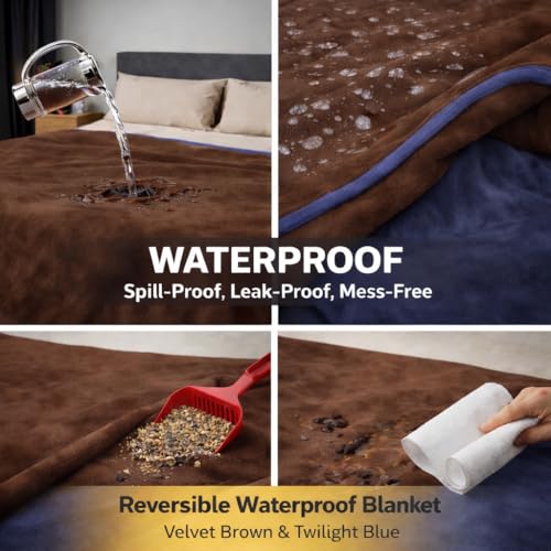 King Size Waterproof Blanket – Spill-Proof, Water-Resistant Flannel Blanket for Bed, Couch, Kids & Pets Protection, Reversible Cozy Design (Velvet Brown & Twilight Blue, 90x108) - color: Velvet Brown & Twilight Blue, size: King