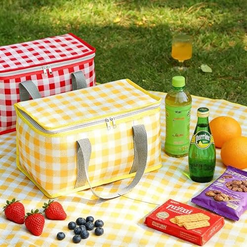 Set of 6 Foldable Insulated Picnic Bags, 14L Large Capacity Cooler Bag with Zippered Top, Reusable Thermal Beach Basket for Outdoor Travel Groceries (Yellow Checkered) - color: Yellow Checkered