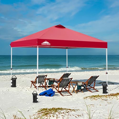 EAGLE PEAK Pop Up Canopy Tent with Wheeled Carry Bag, 8 Stakes, 4 Ropes, 4 Weight Bags, Easy Set Up Tent Canopy, 10x10 ft, 100sqft of Shade, Red - color: Red, size: 10x10