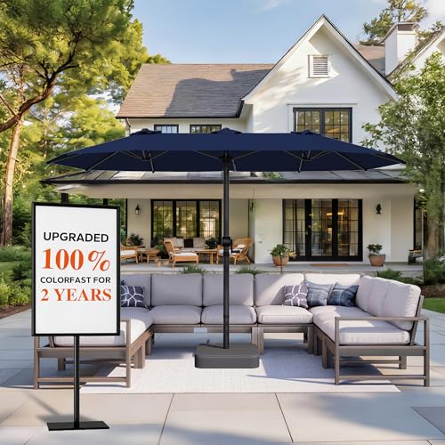 GDPFN 15ft Patio Umbrella with Base Include, Large Outdoor Double-Sided Rectangle Umbrella with Easy Crank Handle for Poolside, Garden & Deck - Navy Blue - color: Navy Blue, size: With Base-no Led