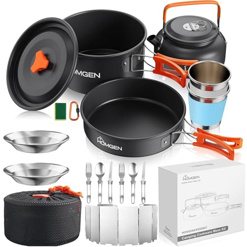 HOMGEN Portable Camping Cooking Set with Folding Windscreen-Lightweight Aluminum Camp Pots and Pan-800ml Teapot- 2 Cups & Plates- Complete Camping Mess Kit for Hiking Picnic Camping RV Trevel Trip