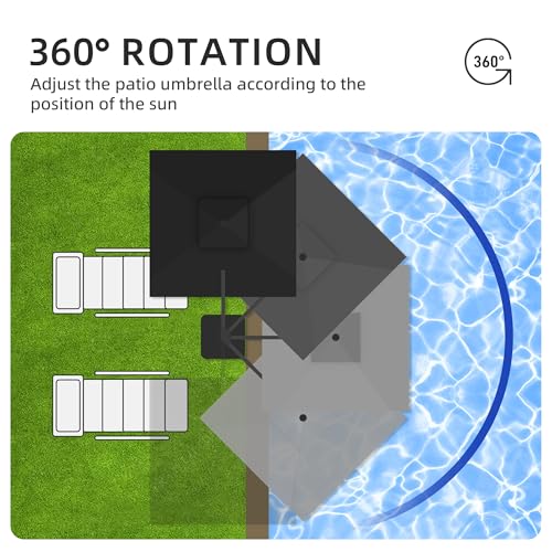 JZAC & QZYD 9x9 FT Outdoor Cantilever Patio Umbrella with Base Included and Solar LED Lights, Large Heavy Duty 2-Tier Square Aluminum Offset Umbrellas with 360-Degree Rotation for Pool Deck, Black - color: Black, size: 9'×9' - Weighted Base Included