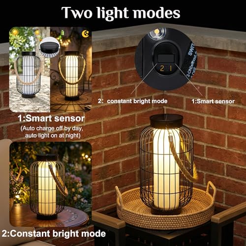 Larger Solar Lanterns Outdoor - Solar Lantern Rustic Dual Charging (USB/Solar) IP44 Waterproof Metal Decorative Hanging/Table Light for Yard Patio Garden Front Porch or Indoor Gifts for Women