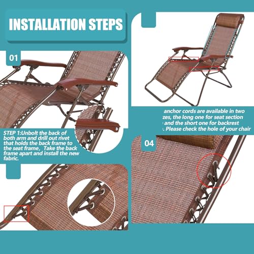 Queekay 2 Pcs Gravity Chair Replacement Fabric with 8 Bungee Cord Lounge Chair Cloth Mesh Patio Chair Repair Kit for Patio Recliner Outdoor Lawn Pool Beach Sling Chair(Brown, 63" x 21") - color: Brown, size: 63" x 21"