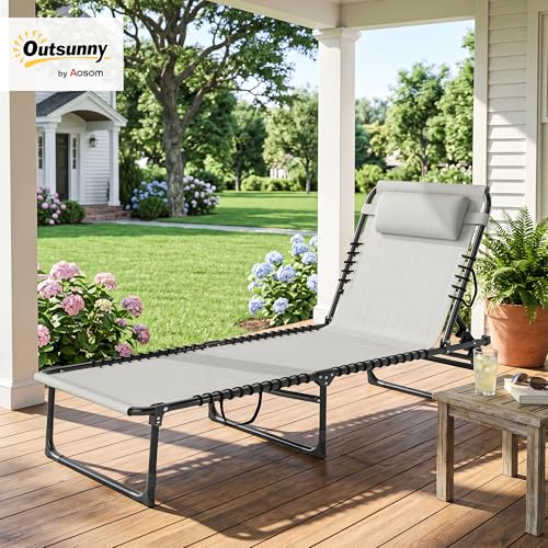 Outsunny Folding Chaise Lounge Chair, Patio Sun Tanning Chair, Outdoor Chaise Lounger with 4-Position Reclining Back, Breathable Mesh Seat for Beach, Poolside, Yard, Cream White - color: Cream White, size: 1 Pack
