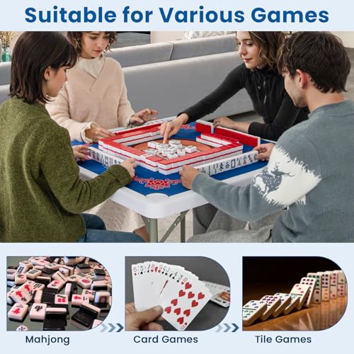 Goplus Mahjong Table, 35" Square Folding Card Table w/4Cup Holders, Anti Slip Mat, HDPE Tabletop, Metal Legs, Portable Mahjong Game Table for Domino Game, Picnic (Table w/Removable Mat, Blue) - style: Blue, Table w/Removable Mat