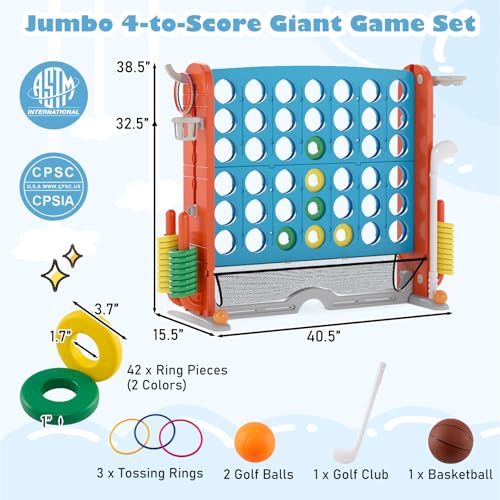 Costzon Giant 4-in-A-Row Connect Game, Height Adjustable 4-in-1 Jumbo 4-to-Score Yard Game with Golf, Ring Toss, Basketball, Cup Holder & Mesh Net, Indoor Outdoor Game for Kids Adults Family Party - color: Blue/Orange