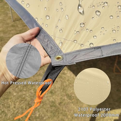 16x16 ft Large Camping Tarp Waterproof Hammock Rain Fly Camping Awning Sun Shelter Khaki (Without Pole) (Khaki) - color: Khaki