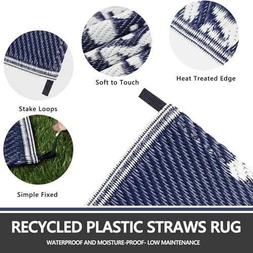 Capslpad Outdoor Rug 5x8 Blue Waterproof Outside Plastic Straw Rug, Reversible Boho Floral Balcony Carpet Foldable Camping Area Rug with Carry Bag for RV Patio Backyard Deck Bench Picnic Porch - color: Blue, size: 5' x 8' (Rectangular)
