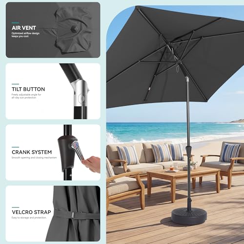 HASLE OUTFITTERS Rectangular Patio Umbrella, 6.5 x 10 ft Rectangle Table Umbrellas w/Heavy Duty Ribs, Effortless Crank and Push Button Tilt, Wind Resistant Sun Umbrella for Outdoor Patio, Gray - color: Gray