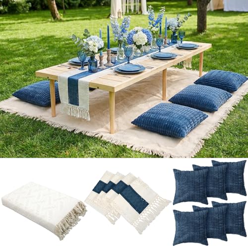 Beeveer Extra Large Outdoor Boho Picnic Blanket 91'' x 71'' Blue Table Runner 6 Throw Pillow Cover Woven Cotton Yarn Oversize Beach Blanket Washable for Picnic Camp Wedding - color: Blue, size: Fit 4-6 People 91'' X 71''