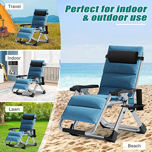 DoCred Zero Gravity Chair, Lawn Recliner, Reclining Patio Lounger Chair, Folding Portable Chaise with Detachable Headrest and Cup Holder - color: Linen Blue, style: Zero Gravity Chair