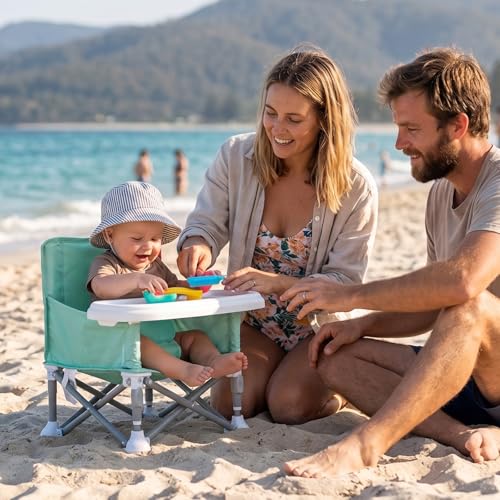 Tiny Marvels Portable Booster Seat, Foldable Baby High Chair with Removable Tray, Safety Harness & Carry Bag – for Toddlers Ages 6M-3Y, Ideal for Dining, Travel, Camping & Family Time - color: Green