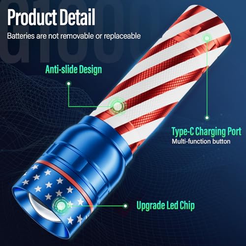 RECHOO Rechargeable Flashlight 1 Pack, Bright Military Grade Torch Light High Lumens with Adjustable Focus & 3 Lighting Modes, Portable Waterproof Led Flashlight for Camping Home, Gifts for Man Kids - color: American flag, size: 1 Pack