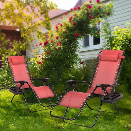 Nazhura Set of 2 Relaxing Recliners Patio Chairs Adjustable Steel Mesh Zero Gravity Lounge Chair Beach Chairs with Pillow and Cup Holder Khaki (Pink) - color: Pink
