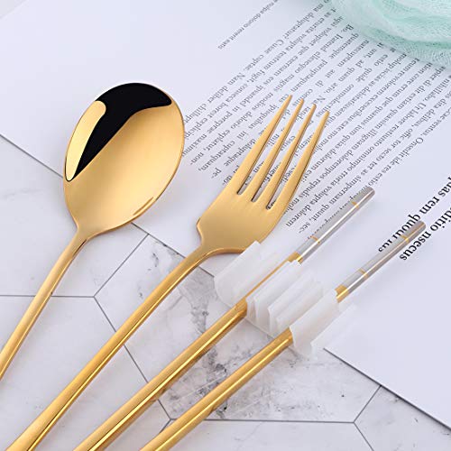 3 PCS Stainless Steel Travel Camping Flatware Set Fork Spoon Chopsticks with Portable Case, Gold - color: Gold