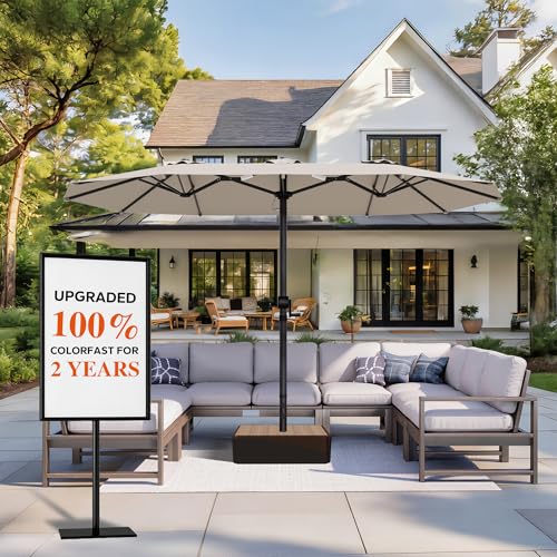GDPFN 15FT Large Patio Umbrella, Outdoor Deck Standing Umbrella with Crank Handle, Double-Side Rectangular Pool Umbrella for Outside, Market, Patio, Beige (Base Not Include) - color: Beige, size: No Base&led