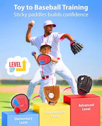 JoyCat Toss and Catch Ball Game for Kids, 2 Paddle Sticky Ball Set, Toddler Baseball Catch Toy, Outdoor Game for Beach, Yard & Camping, Sports Birthday Gifts for Boys Girls Ages 3-12 - style: 2 Paddles 2 Balls