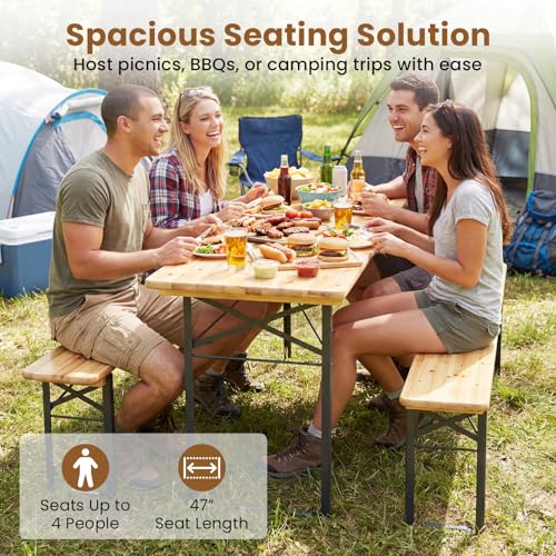 Giantex 3-Piece Folding Picnic Table with Benches Set, Solid Wood Camping Beer Table Bench Set with Metal Frame, Portable Patio Dining Furniture, Indoor & Outdoor Folding Table and Chairs for 4 (47'') - size: 47''
