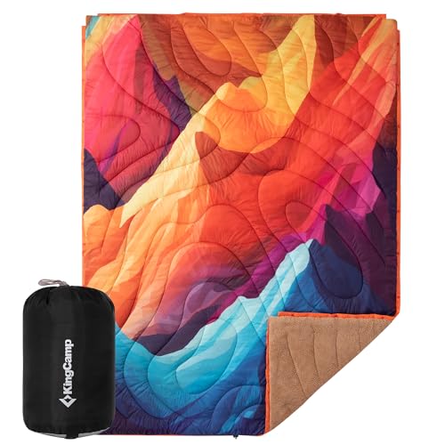 KingCamp Large Camping Blanket with Sherpa Lining, Packable Down Alternative Puffy Printed Wearable Blanket with Snap Buttons, Warm Weatherproof Quilt for Outdoor Travel (79" L x 57" W, Peak) - color: Sherpa-peak, size: 79" x 57"- Sherpa Fleece