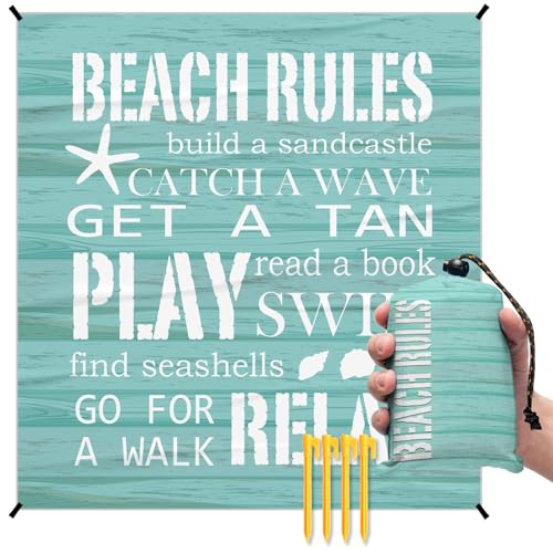 Beach Rules Pocket Picnic Blankets, Blue Seashell Coastal Mini Beach Camping Blanket Waterproof Sandproof, Rustic Sea RV Outdoor Picnic Blanket Mat Gifts for Camper Campsite Travel 55x60in - color: Rules