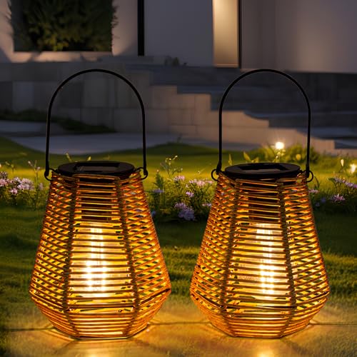 Solar Lanterns Outdoor Waterproof,Solar Lights for Outside Hanging Lights Outdoor Rattan Lantern Decoration for Garden, 2 Pack - style: Ranttan-1