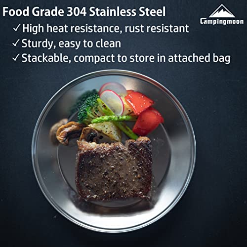 CAMPINGMOON Camping Tableware Set Stainless Steel Camping Plates Bowl Stackable Outdoor Dinnerware Canvas Carry Case Camping Hiking Picnic - color: Silver