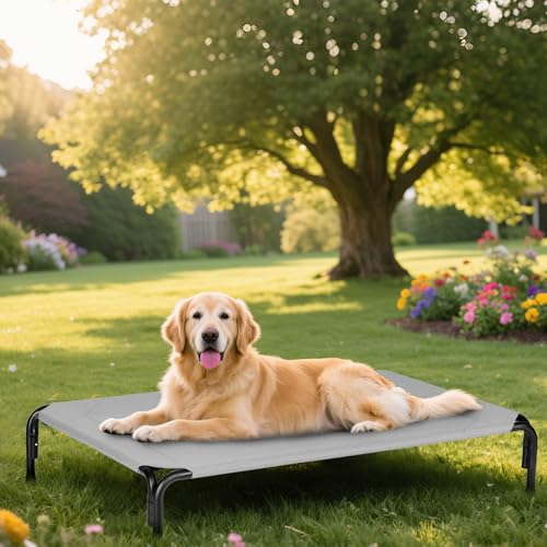Elevated Dog Bed for Outdoor, XXL Raised Dog Cot Indestructible with Washable Mesh, Cooling Summer Pet Cot Chew Proof for Outside Camping Travel, 51 inch Grey - color: Grey, size: 51"L x 31"W x 8"Th