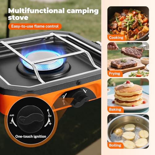 Adjustable 2-Burner Portable Stove with 16000 BTU, with Camping Grill and Carrying Bag, Portable Propane Camp Stove with 2 Burners & Piezo Ignition for Camping, Backyard BBQ,Tailgating (Orange) - color: orange
