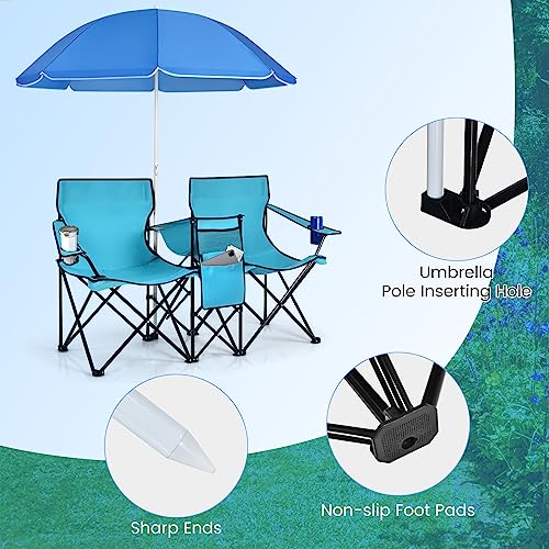 Double Camping Chair, 2-Person Portable Beach Chair w/Removable Umbrella, Cup Holders & Carrying Bag, Folding Loveseat Chairs for Adults Outdoor Picnic (Turquoise) - color: Turquoise