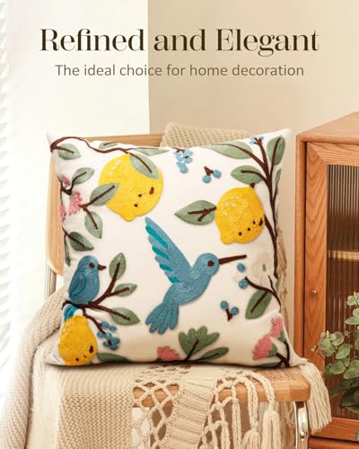 Embroidered Throw Pillow Cover 18x18 Inch - Spring Summer Boho Decorative Pillow Cover with Zipper for Living Room Couch Sofa Bed Aesthetic Design Bird Lemon Cushion Pillowcase - color: Bird Lemon, size: 18" x 18" (Pack of 1)