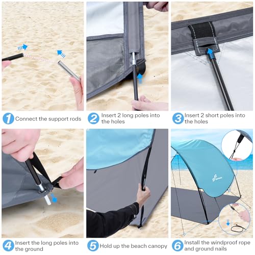 Sportneer Beach Tent Sun Shelter Beach Shade Canopy UPF 50+ UV Protection with 8 Wind Ropes and 12 Ground Stakes for Beach Camping Backyard Picnic Outdoor (Light Blue)