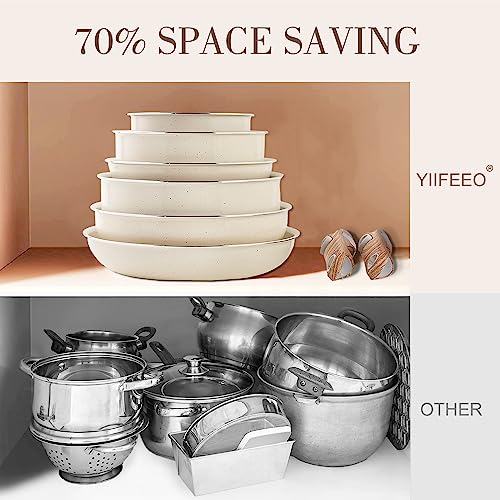 Nonstick Cookware Set - YIIFEEO Stackable Pots and Pans Set Detachable Handle Camping Cookware Granite Kitchen Cookware Sets Removable Handle, Non Toxic Nonstick Frying Pans for Cooking Set Gift Beige - color: A Ivory White