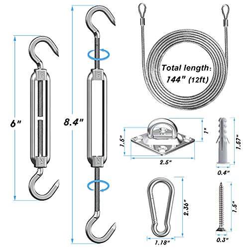 84 Pcs Sun Shade Sail Hardware Kit with Cable Wire Rope for Rectangle Square Triangle Shade Sail Installation, 6 inch 304 Grade Stainless for Garden,Outdoors,DIY Crafts,Railing - size: 84 Pcs Hardware Kits+Cables for Rectangle/Triangle